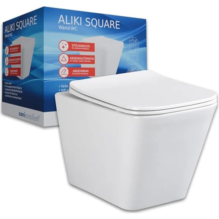 sanicomfort Hänge WC Set Aliki Square, spülrandloses Wand-WC Tiefspüler aus hochwertiger Sanitärkeramik in Weiß, kompakt mit Soft-Close WC-Sitz – Bild 1