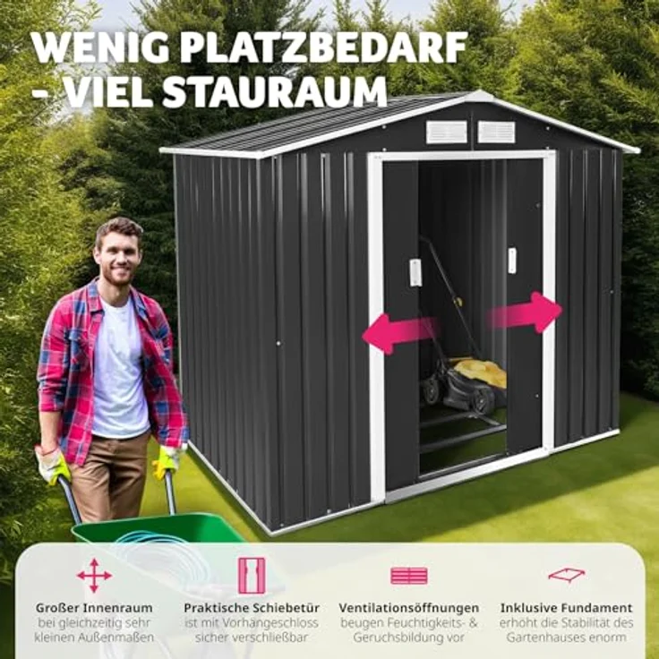tectake® Metall Gartenhaus mit Satteldach, Geräteschuppen Garten mit Schiebetür, Gerätehaus mit Metallfundament, als Gartenschuppen, Gartenhütte oder Fahrradgarage, 4 m³ Lagerfläche - grau/weiß – Bild 3