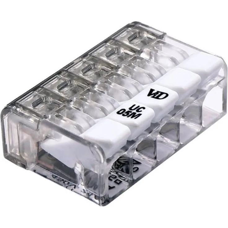 ViD Mini-Hebelklemme UC05M, 5-polig für Kabel 0,2-2,5 mm², 50 Stück, VDE-zertifiziert, kompakte Bauform mit Prüfschlitz