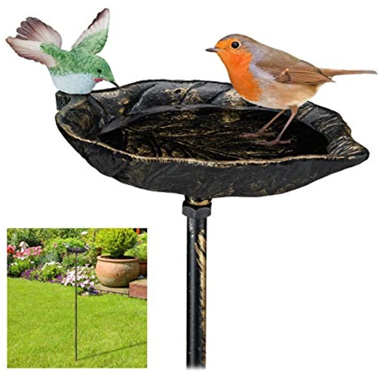 Relaxdays Gusseisen Vogeltränke zum Stecken, mit Erdspieß, Gartendeko, Vogelfutterstelle, Wasserschale 1m hoch, bronze – Bild 1