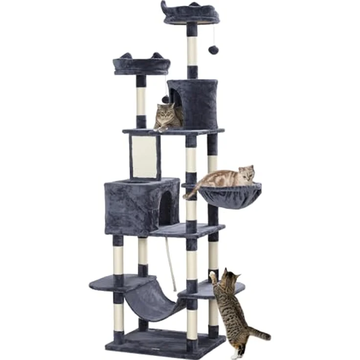 PawHut Kratzbaum 206 cm, mehrstöckiger Katzenkletterbaum mit Höhle, 2 Spielballen, Sisalstämmen, große Plattform, dunkelgrau – Bild 1