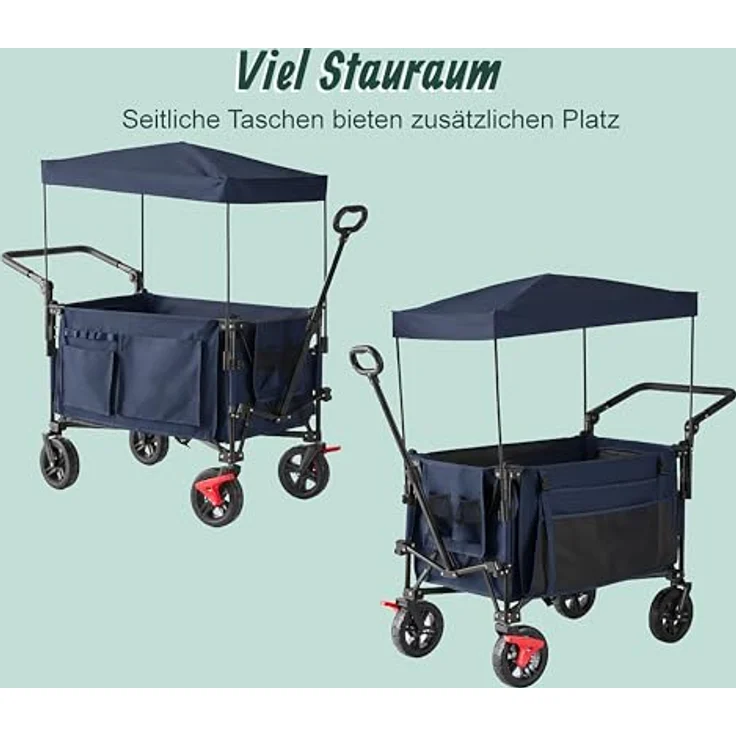 Relaxdays Bollerwagen, faltbar, 150 kg Traglast, mit Dach und Teleskop- & Schiebegriff, blaue Gummireifen mit Bremse, Transportwagen – Bild 5