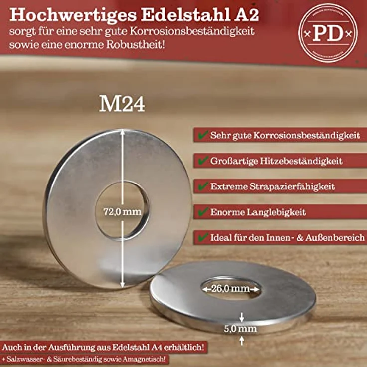 PD® große Unterlegscheiben M24, Edelstahl A2 V2A Karosseriescheiben nach DIN 9021 / ISO 7093, rostfrei, großer Außendurchmesser, 5 Stück – Bild 3