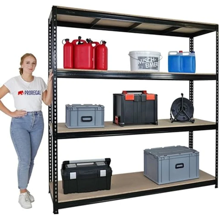 Proregal Schwerlastregal BISON, Traglast 600 kg pro Boden, 4 Fachböden, 200 x 200 x 60 cm, schwarz – Bild 3