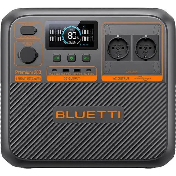 Bluetti Premium 200 V2, Power Station mit 2074 Wh, 12 Anschlüssen und TurboBoost-Ladefunktion, tragbar, grau