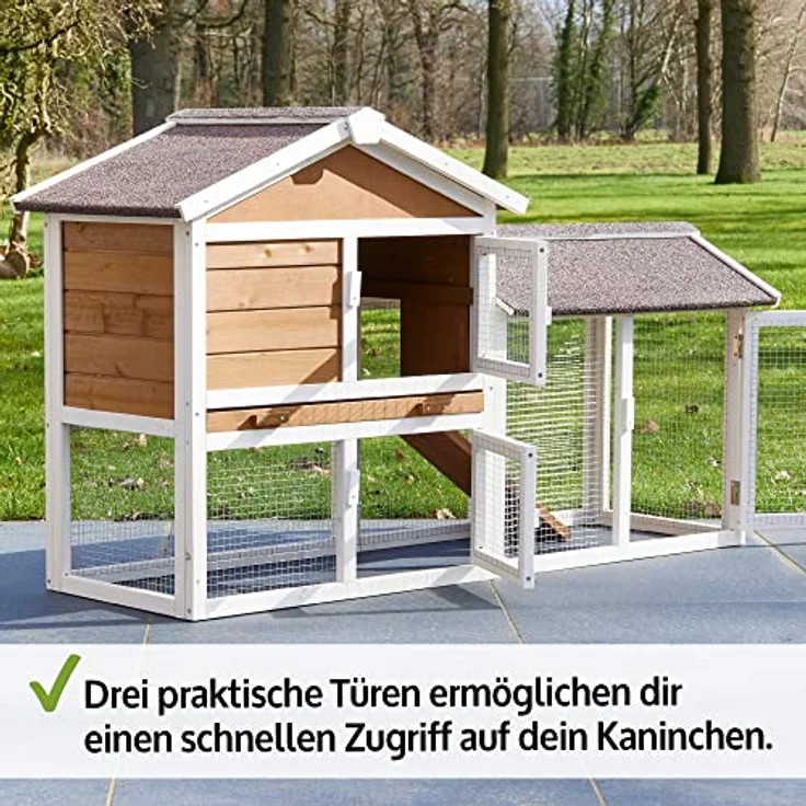 zooprinz moderner Hasenstall, Kaninchenstall aus massivem Vollholz für draußen, Kotschublade, braun-weiß gestrichen – Bild 3