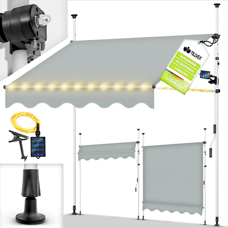 tillvex Klemmmarkise 350 cm Hellgrau, UV-beständig, höhenverstellbar, mit LED und Handkurbel, wasserdichter Sonnenschutz ohne Bohren für Balkon