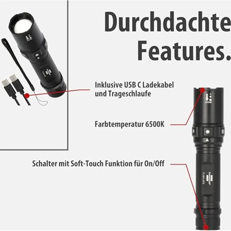 Brennenstuhl Akku Fokus Selektor LED Taschenlampe TL 801 AFS, 800lm, 230m Leuchtweite, fokussierbar, max. 42h, 6 Lichtmodi inkl. SOS & Strobe, IP44 Outdoor, inkl. USB C Ladekabel – Bild 4
