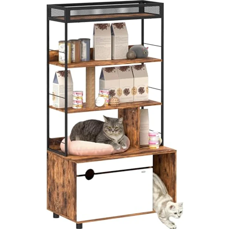PawHut Tierhaus 2-in-1 mit 3-Ebenen-Regal, Kratzpfosten und Klapptür für Katzen bis 6 kg, Rustikal-Braun, 80 x 48 x 152 cm – Bild 1