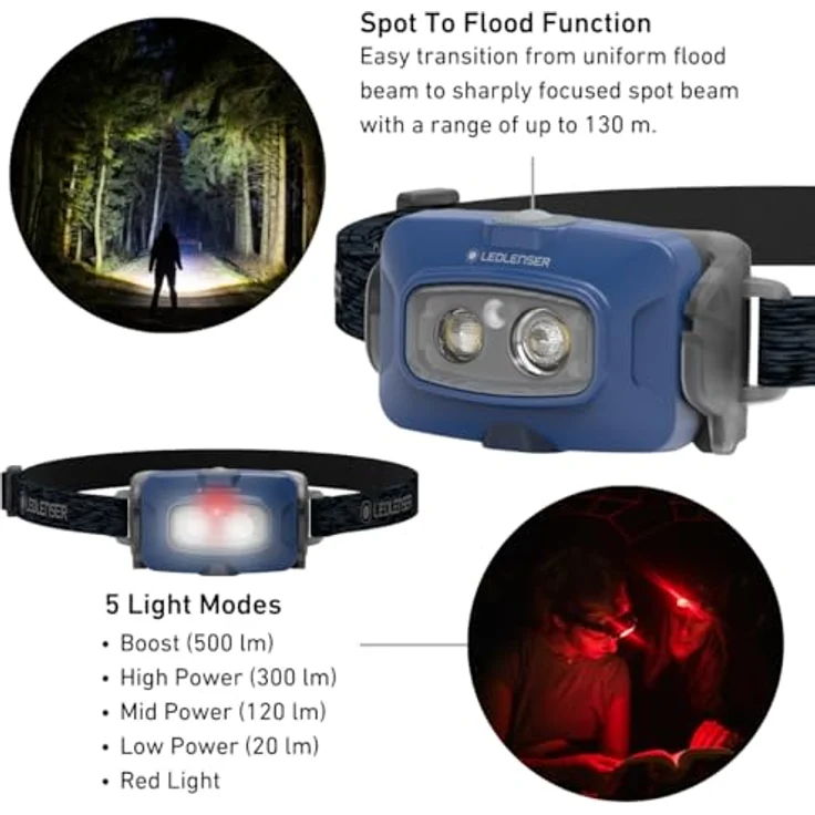 Ledlenser Stirnlampe, (500 lm) mit rotem Frontlicht, wasserdicht (IP68) – Bild 2