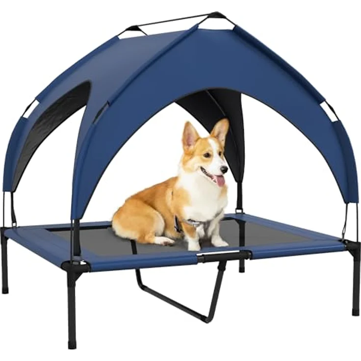 PawHut Erhöhtes Hundebett mit Baldachin, Atmungsaktive Outdoor Hundeliege, Dunkelblau, 91 x 76 x 89 cm für große Hunde – Bild 1