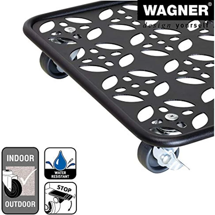 Wagner Pflanzenroller Black Edition 30 x 30 x 5,5 cm I Pflanzenroller für Innenbereich + Außenbereich I Blumenroller aus Stahl, schwarz beschichtet I 2 Feststeller I Tragkraft 60 kg - 20093701 – Bild 4