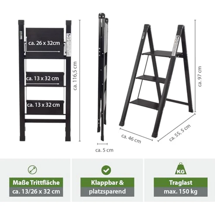TRUTZHOLM Alu Trittleiter 2-stufig klappbar, bis 150 kg Traglast, Aluminium Silber, TÜV/GS zertifiziert, rutschfeste Trittflächen, 4,2 kg leicht, platzsparend 5 cm schmal – Bild 3