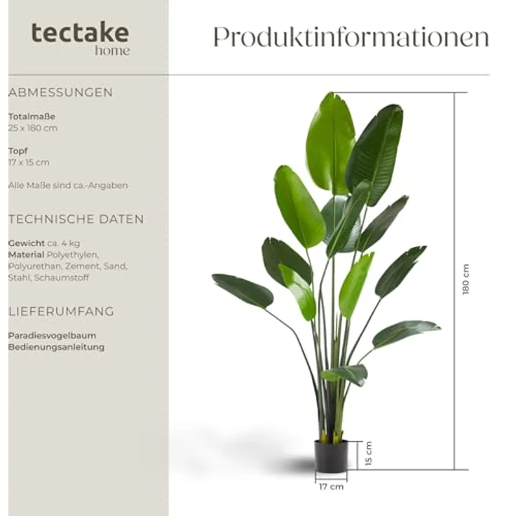 tectake Künstlicher Paradiesvogelbaum, 180 cm, Grün, Pflegeleicht, Naturgetreue Optik, Detaillierte Blätter aus PEVA-Kunststoff – Bild 6