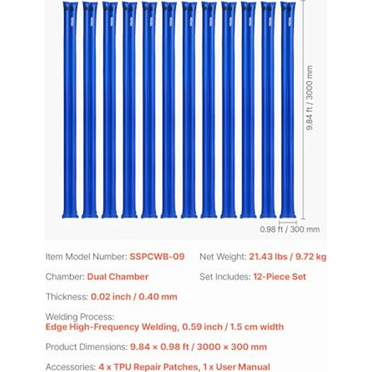 VEVOR Pool Beschwerungssack, 12er Set aus 300 cm langen PVC-Säcken mit 0,4 mm Dicke und auslaufsicherem Schraubverschluss, blaue Wassersäcke zur sicheren Befestigung von Poolabdeckungen im Winter – Bild 7
