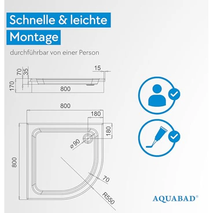 AQUABAD Forta Plus Duschwanne 90x90cm, Viertelkreis R55, Smooth White mit LeakProtect Technologie und Siphon Alcadran A49CR – Bild 5