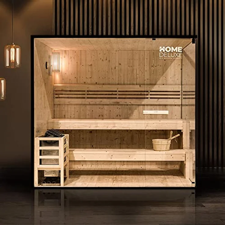 Home Deluxe - Traditionelle Sauna - Shadow XL - 200 x 150 x 190 cm - für 5 Personen - hochwertiges Fichtenholz, inkl. Saunaofen, Saunazubehör I Dampfsauna Aufgusssauna Finnische Sauna Bio Sauna – Bild 2