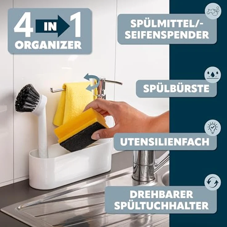 bremermann Spülbeckenorganizer, Weiß, mit Spülmittelspender, Spülbürste und Spültuchhalter, 22x21x6.7 cm – Bild 3