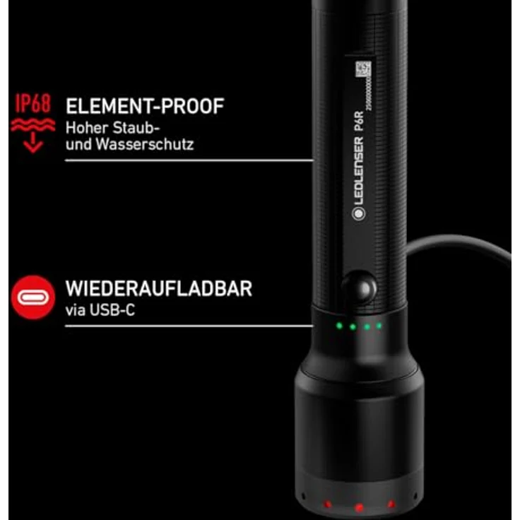 Ledlenser P6R, wiederaufladbare LED Taschenlampe, 1600 Lumen, 320m Fokus, USB-C, IP68 wasserdicht, 60 Stunden Leuchtdauer, 4 Leuchtmodi, Notfalltaschenlampe für Camping und Outdoor – Bild 5