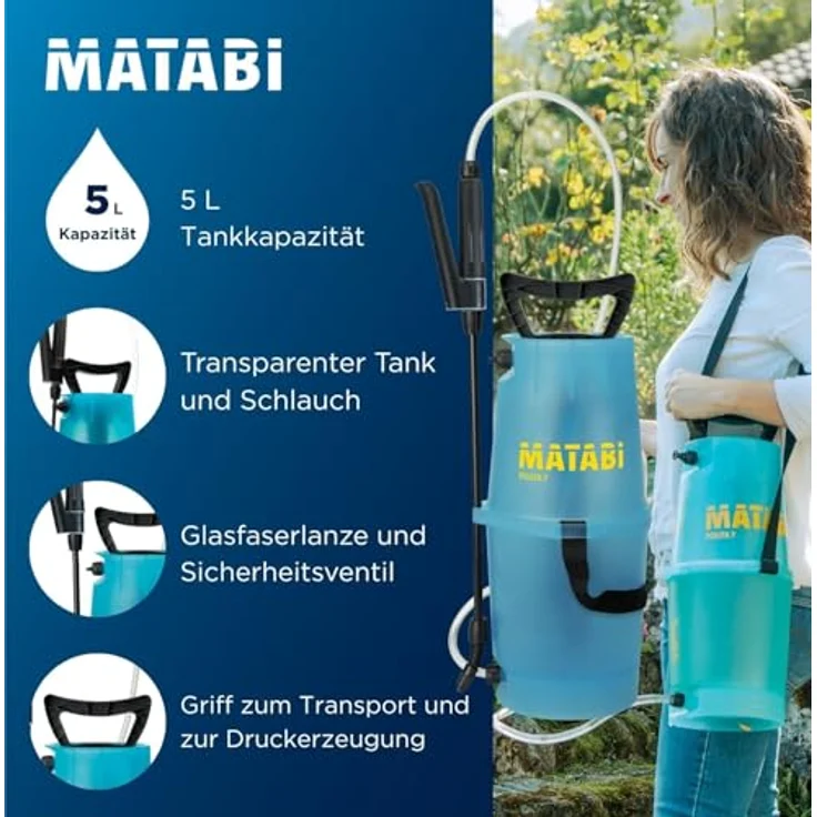 Matabi Polita 7, Manueller Drucksprüher mit 5L Kapazität, verstellbarer Düse und Fiberglaslanze, durchsichtiger Tank, blau – Bild 2