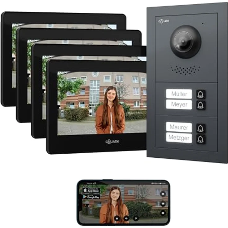 Goliath Intercom Video-Türsprechanlage Basic-Line, 4-Familienhaus mit 7 Zoll HD Monitor, 2-Draht-Technologie, Unterputz/Aufputz, Weiß/Schwarz – Bild 1