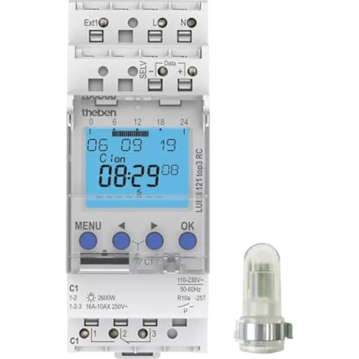 Theben LUNA 121 top3 RC AL, Digitaler Dämmerungsschalter mit Lichtsensor, 1 Kanal, IP55, bis 3600 W Lampenlast, mit Wochenprogramm und App-Programmierung