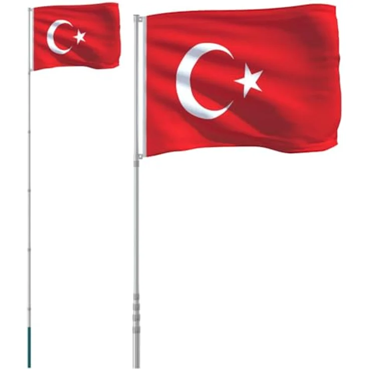 vidaXL Flagge der Türkei mit Mast 5,5 m, wetterfester Aluminium-Teleskop-Fahnenmast, strapazierfähige Polyester-Flagge mit Messingösen – Bild 1