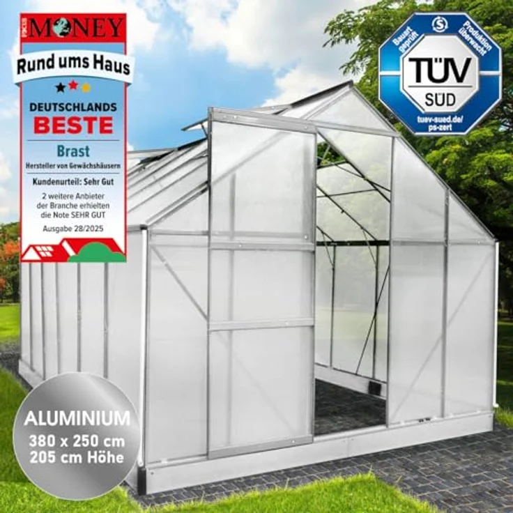 BRAST Gewächshaus Aluminium mit Fundament, 6mm Hohlkammerplatten, TÜV geprüft, rostfrei und wetterfest, 380x250x205cm, Silber – Bild 2