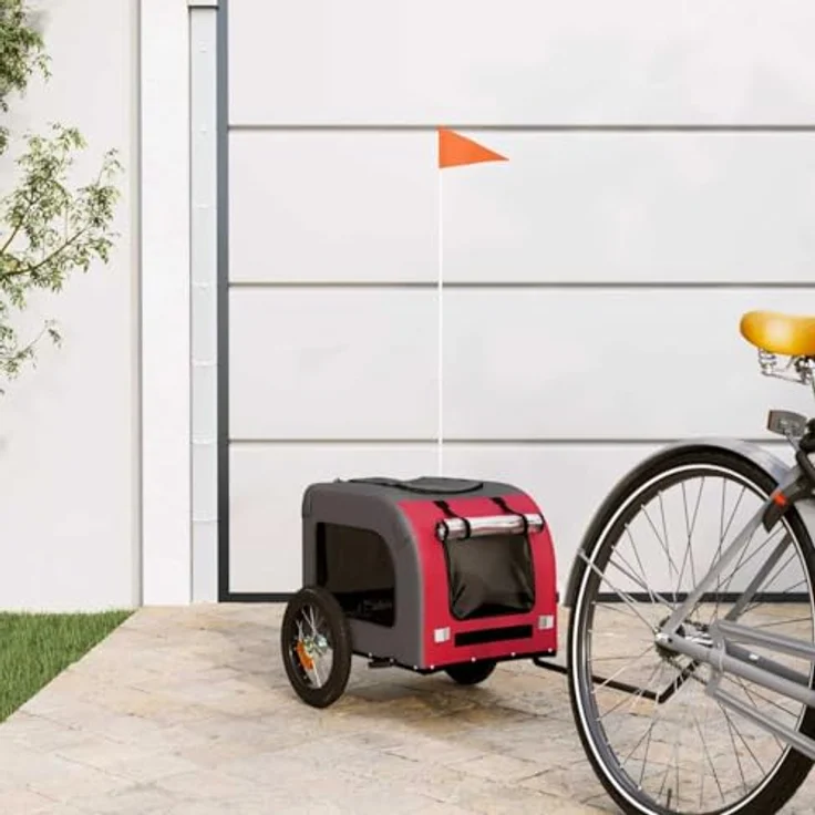 vidaXL Hunde-Transportbox Fahrradanhänger, rot und grau, Oxford-Gewebe, Eisen, 124 x 53 x 53 cm, max. Belastbarkeit 30 kg – Bild 2