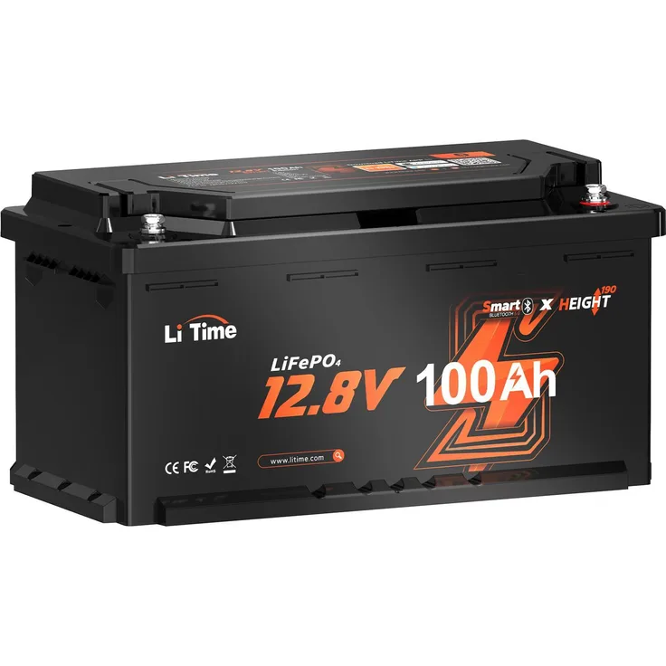 LiTime 12V 100Ah H190 LiFePO4 Batterie, Smart Batterie mit Bluetooth und 1280Wh Speicher für Wohnmobile, Wohnwagen