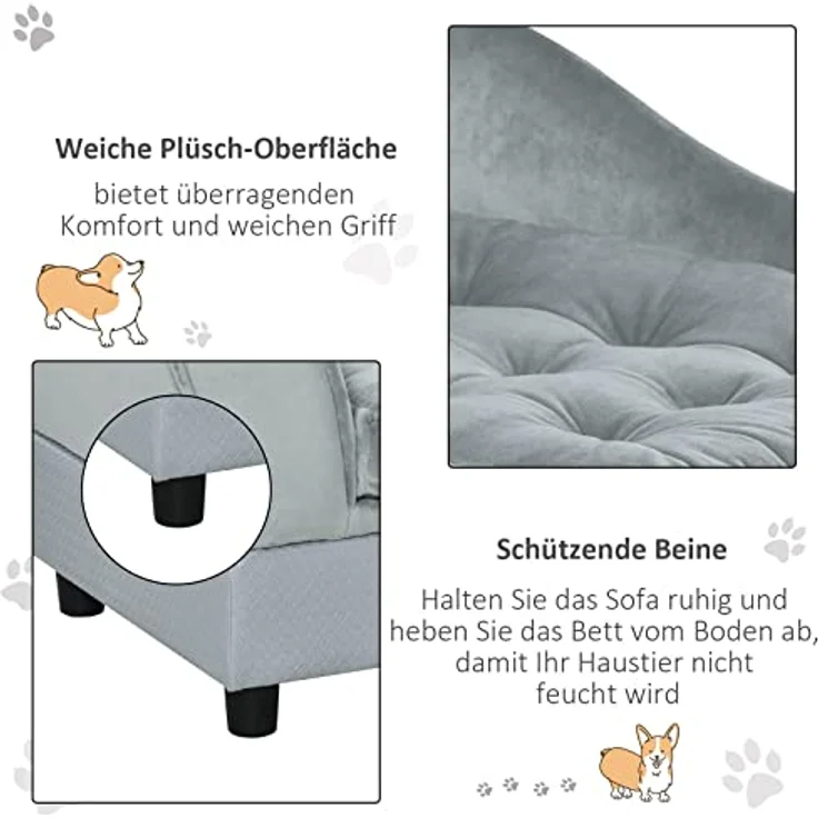 Pawhut Haustiersofa mit Matte, Hundebett, Hundematte, Hundesofa mit Lagerraum, Naturholz+Plüsch, Hellgrau, 76 x 45 x 41,5 cm – Bild 5