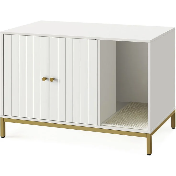 FEANDREA Katzentoilette, Katzenklo-Schrank, Katzenhaus, mit Kratzmatte, Beistelltisch, Weiß-Goldfarben - Preisvergleich