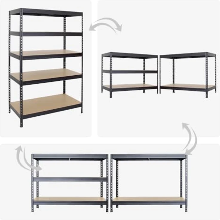 Proregal Schwerlastregal Rivet, 180 x 120 x 60 cm, Traglast 250 kg pro Boden, 5 verstellbare MDF-Böden, Stecksystem, Schwarz – Bild 6