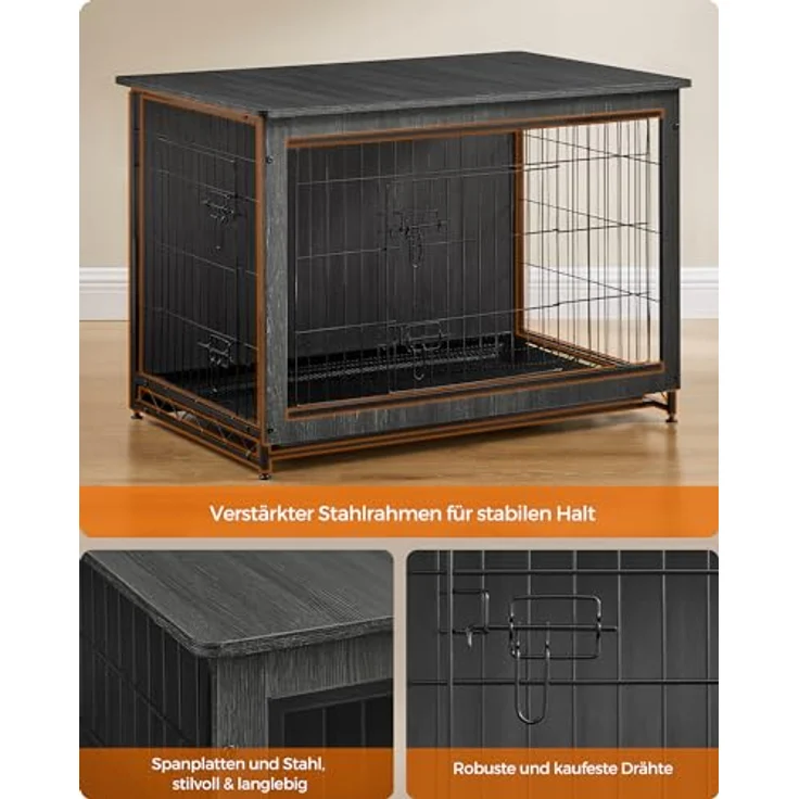 Feandrea Hundekäfig Möbel, Beistelltisch, Hundebox für Hunde bis zu 32 kg, tintenschwarz, hochbelastbar – Bild 3