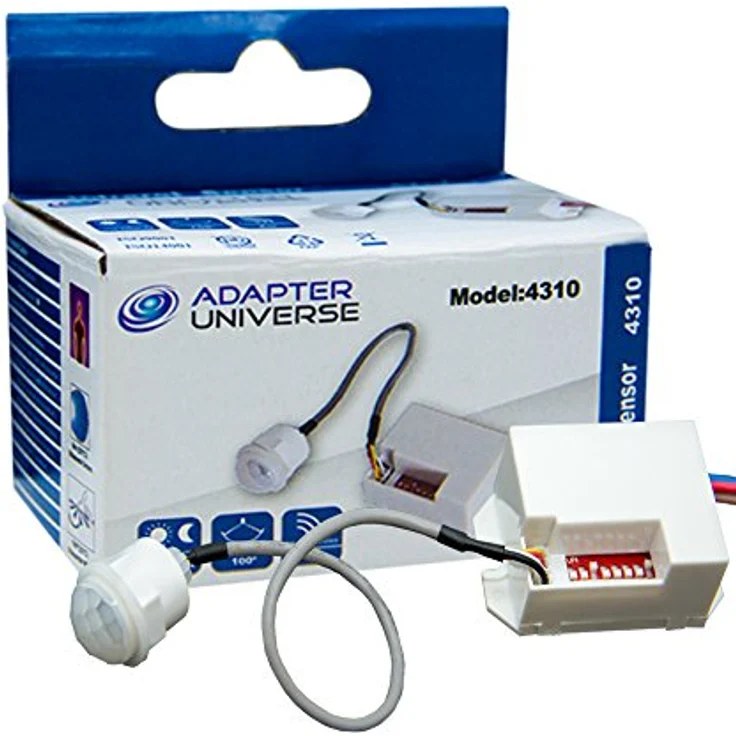 Adapter Universe Mini PIR Bewegungsmelder Infrarot LED 100° Sensor Detector, spritzwasserdichtes Gehäuse, 220-240V/AC, LED geeignet, für Innen- und Außenbereich, 800 Watt geeignet, 100° Induktionswinkel, weiß – Bild 1