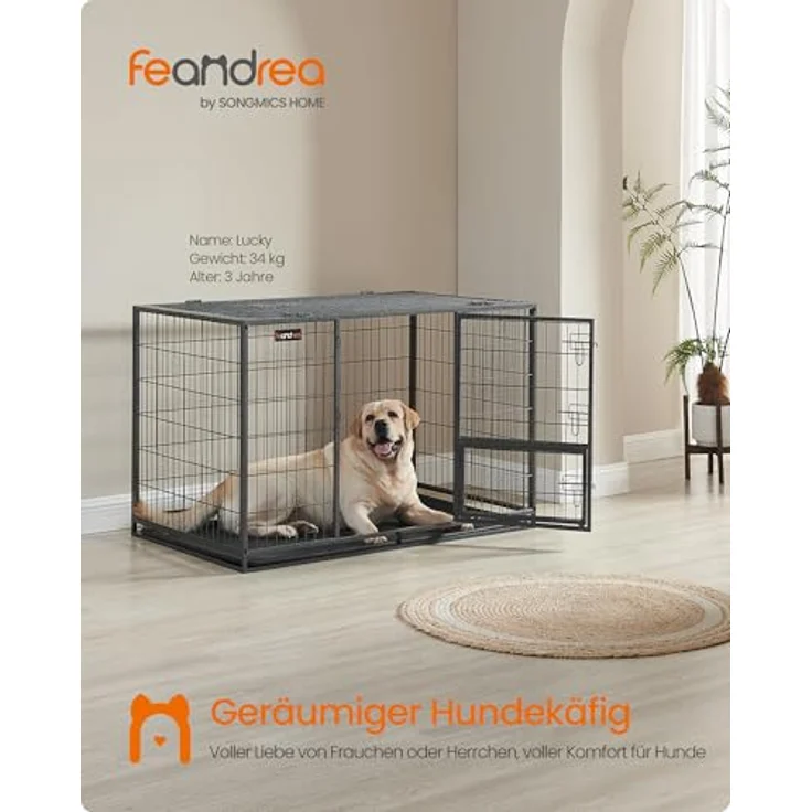 Feandrea Hundekäfig XXL, hochbelastbar, Gitterbox für große Hunde, transportabel, 122 x 75,5 x 80,5 cm, Grau – Bild 2