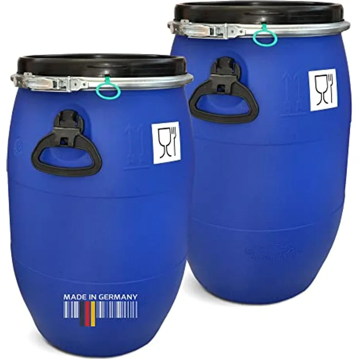 2 Stück: 60 L Weithalsfass mit Spannverschluss | 100% Lebensmittelecht | Universalfass | Futtertonne | Regen Maische Tierfutter Trinkwasser Camping Lagerfass | Stapelbar | Blau