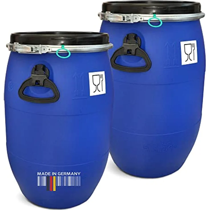 2 Stück: 60 L Weithalsfass mit Spannverschluss | 100% Lebensmittelecht | Universalfass | Futtertonne | Regen Maische Tierfutter Trinkwasser Camping Lagerfass | Stapelbar | Blau – Bild 1