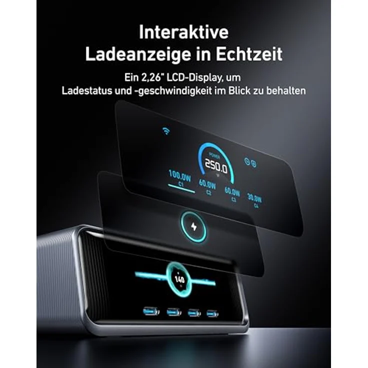 Anker Prime 250W USB-C Ladegerät, Ultra-schnelle 6-Port GaN Ladestation, 2,26" LCD-Display und Smart Control Regler – Bild 4