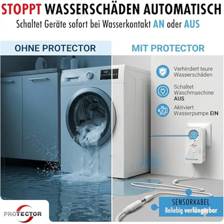 PROTECTOR WA-6 Wassermelder Full-Sensitive Detektorkabel, 2m, Alarmfunktion + Pumpensteuerung, 85dB, ideal für Keller und Waschmaschinen – Bild 3