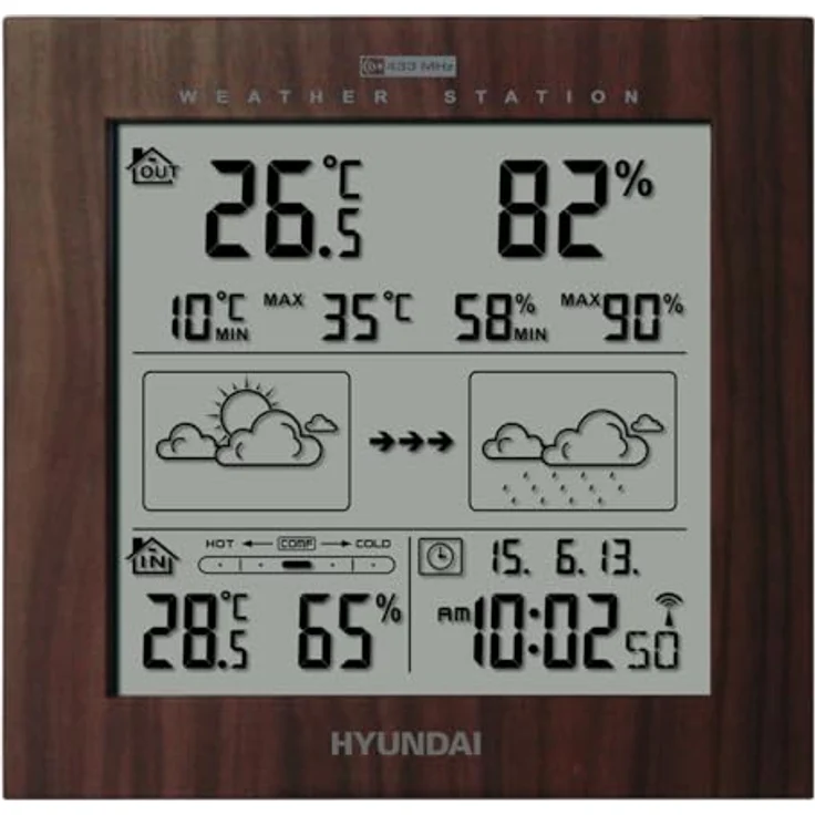 HYUNDAI Wetterstation WS 2244 W, Innen- und Außentemperatur, Luftfeuchtigkeit, Wecker, DCF 77 Funksignal, kabelloser Betrieb – Bild 2