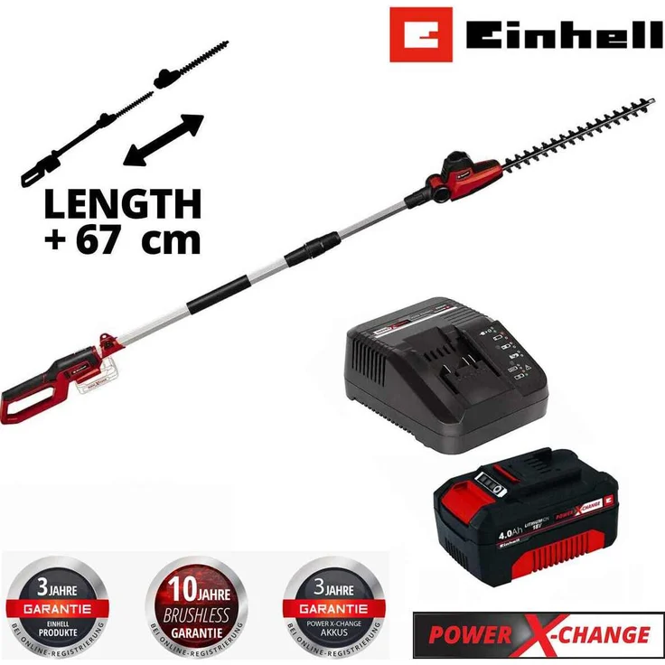 Einhell GC-HH 18/45 Li T-Solo, Akku-Teleskop-Heckenschere mit 4.0 Ah Akku, verstellbarem Griff und neigbarem Motorkopf