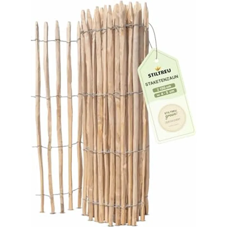 STILTREU Französischer Premium Staketenzaun Kastanie, 5 Meter lang, 150 cm hoch, Lattenabstand 4-5 cm, pflegeleicht und witterungsbeständig