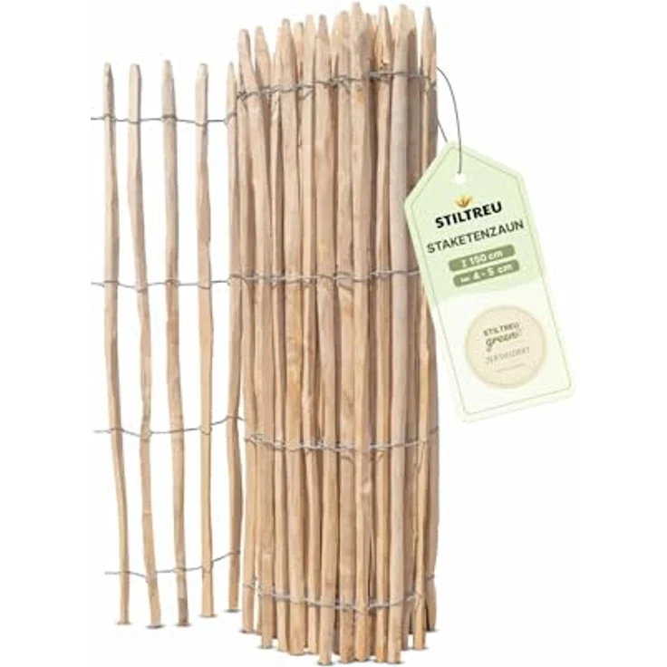STILTREU Französischer Premium Staketenzaun Kastanie, 5 Meter lang, 150 cm hoch, Lattenabstand 4-5 cm, pflegeleicht und witterungsbeständig – Bild 1