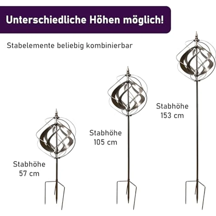 LEMODO Garten Windrad “Silver Tulip”, Windspiel mit stabilem Bodenstecker, Gartendeko in 4 Höhen aufbaubar, Gartenstecker 213 cm hoch, Windmühle Silber, Windskulptur mit Charme – Bild 2