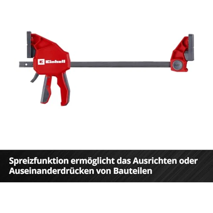 Einhell Einhandzwinge 930120, Set mit 2 Zwingen, Spannkraft 150 kg, Spannweite 300 mm, Werkzeugfreier Umbau zum Spreizen, gummierte Griffe, schwarz/rot – Bild 6