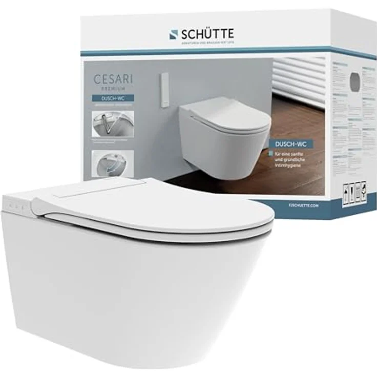 SCHÜTTE CESARI Dusch WC Set, WC mit Bidetfunktion, hängendes WC ohne Spülrand, inklusive Gesäß- und Ladydusche, LED Nachtlicht, D-Form Slim WC Sitz mit Absenkautomatik – Bild 1