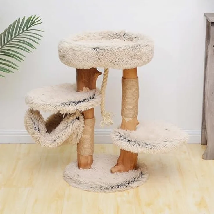 Fudajo Kratzbaum mit Holz und Plüsch 87,5 cm hoch, Designer Katzenkratzbaum mit Birnbaumholz, Katzenbaum mit Hängematte, Katzenmöbel mit Liege, helle Plüschdesign – Bild 4