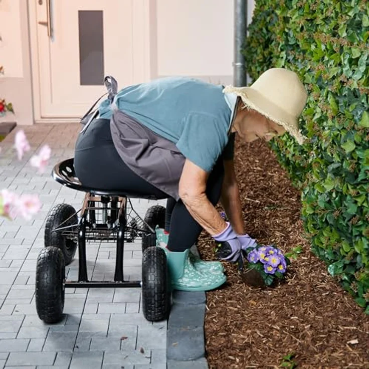 Relaxdays fahrbarer Gartensitz mit Stauraum, höhenverstellbar (40–49 cm), bis 150 kg, Stahl, schwarz, mit Luftreifen – Bild 2