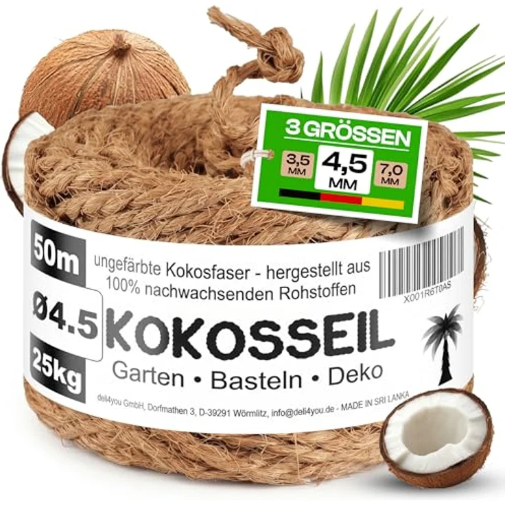 deli4you Kokosseil 4.5 mm x 50 m, ungebleichtes Gartenseil aus biologisch abbaubaren Kokosfasern, stabil und knotenfest für Pflanzenbinder und Baumbinder – Bild 1